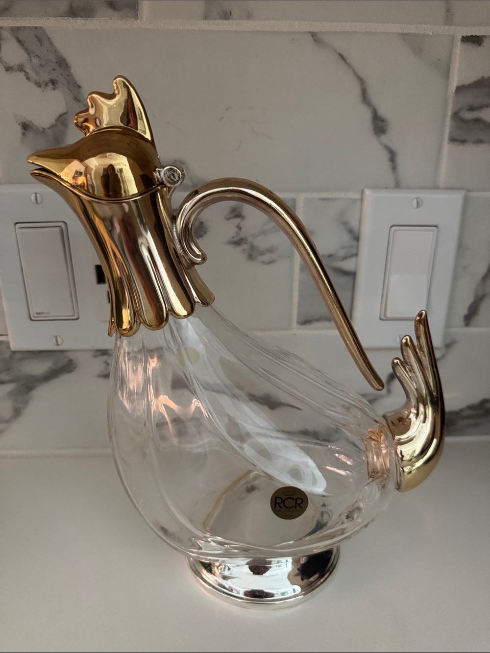 Vintage RCR Italian Crystal & Gold Rooster Decanter Figural Barware